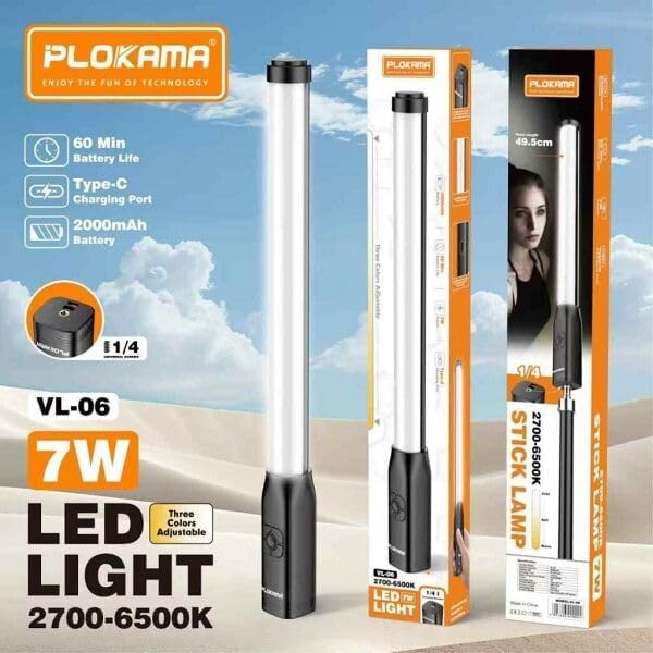 Plokama VL-06 LED Video Light Wand Stick, 2000mAh Rechargeable, 2700K-6500K Bi-Color