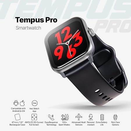ttec Tempus Pro 47mm AMOLED Screen Regtangular Casing Smart Watch, Black