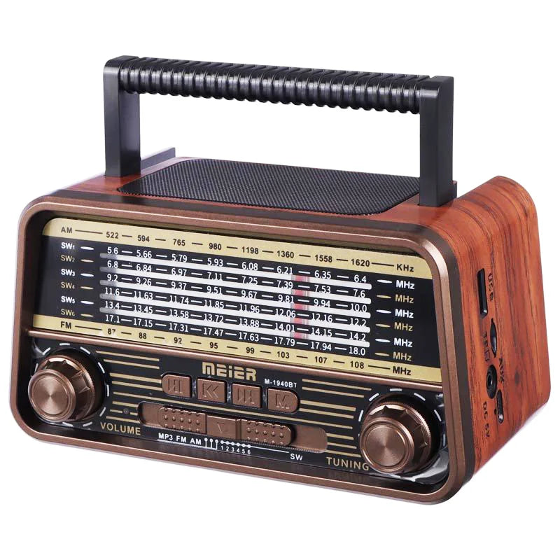 Meier M-1939BT Portable 3-Band Am FM Sw Radio, TF Card and MP3 Player, Rechargeable Speakers Bluetooth Retro Design
