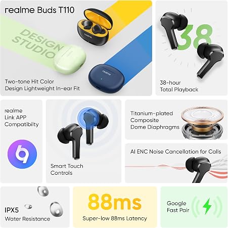 realme Buds T110 with AI ENC for Calls, Upto 38 Hours of Playback and Fast Charging Bluetooth Headset