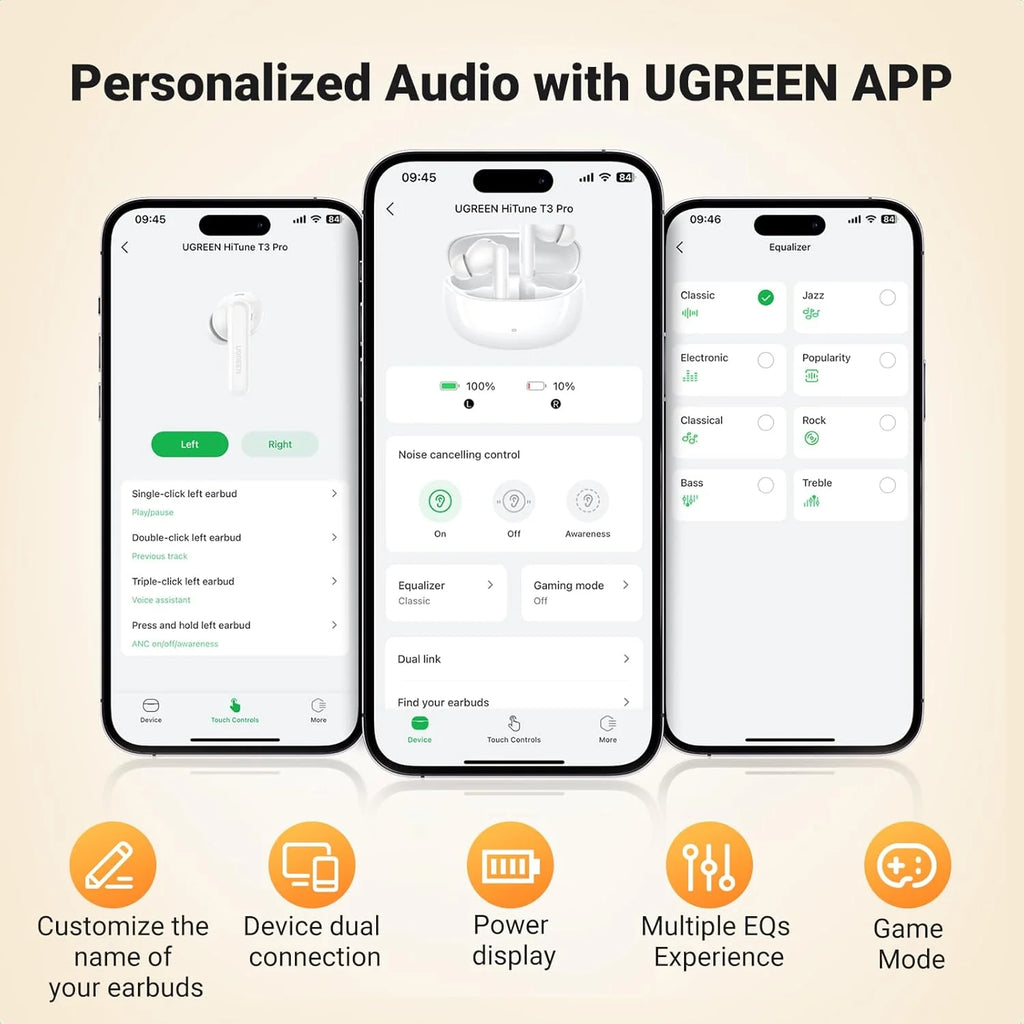 UGREEN HiTune T3 Pro Bluetooth 5.4 Earbuds, Active Noise Cancellation Earphones, 4 Mics ENC Clear Call Headsets, 30H Playtime USB C Fast Charging, IPX5 Waterproof, Customised APP 2 Devices Connection