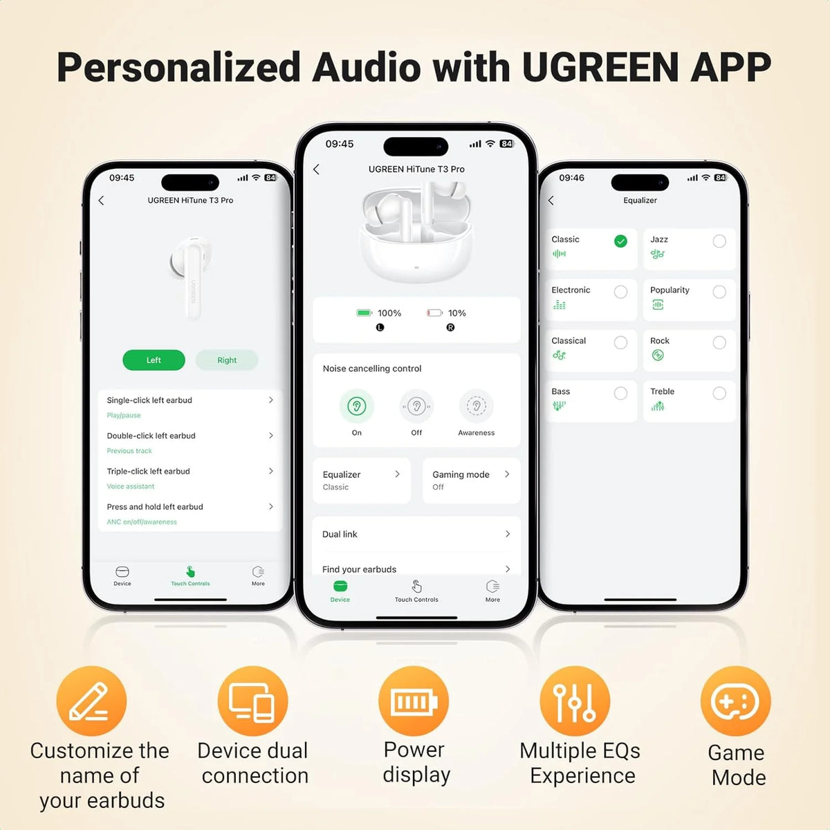 UGREEN HiTune T3 Pro Bluetooth 5.4 Earbuds, Active Noise Cancellation Earphones, 4 Mics ENC Clear Call Headsets, 30H Playtime USB C Fast Charging, IPX5 Waterproof, Customised APP 2 Devices Connection