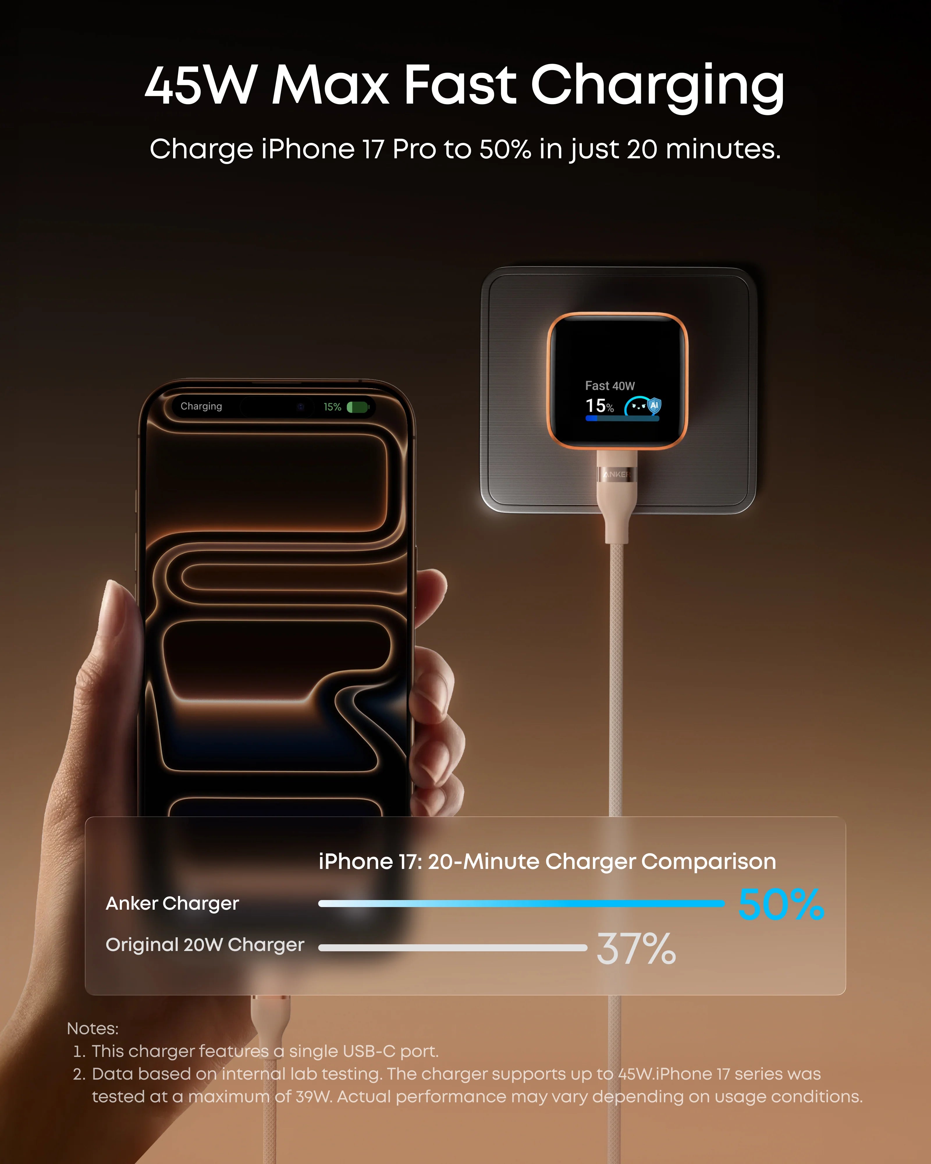 Anker Nano 45W GaN Charger. with Display (A121D) Type C Charge Fast Charging, Compact and Foldable Plug USB C Charger for Samsung Galaxy S26 Ultra/S25 Series, iPhone 17/16 Series, MacBook (White)