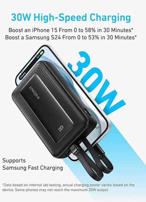 Anker Zolo Power Bank, 30W, 20000mAh, Digital Display, Black, A1681611