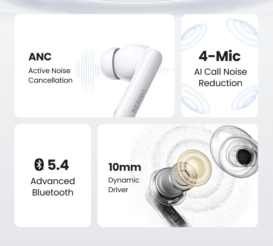 UGREEN HiTune T3 Pro Bluetooth 5.4 Earbuds, Active Noise Cancellation Earphones, 4 Mics ENC Clear Call Headsets, 30H Playtime USB C Fast Charging, IPX5 Waterproof, Customised APP 2 Devices Connection