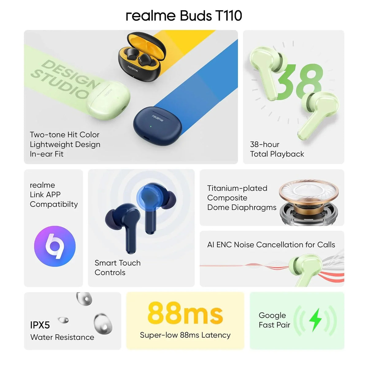 realme Buds T110 with AI ENC for Calls, Upto 38 Hours of Playback and Fast Charging Bluetooth Headset