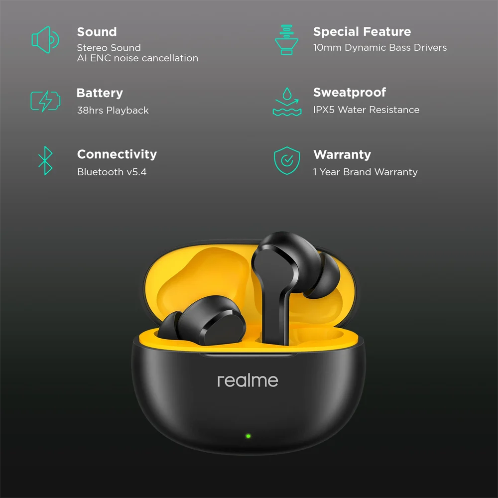 realme Buds T110 with AI ENC for Calls, Upto 38 Hours of Playback and Fast Charging Bluetooth Headset