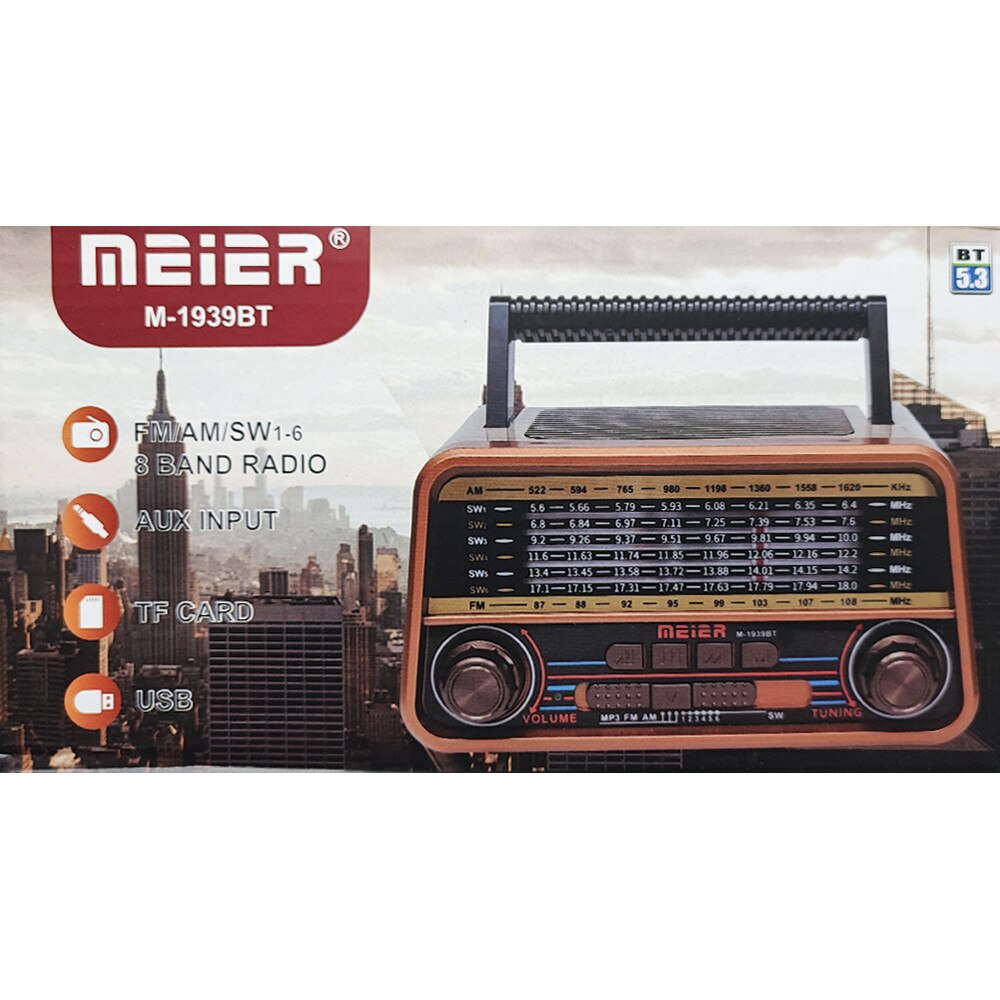 Meier M-1939BT Portable 3-Band Am FM Sw Radio, TF Card and MP3 Player, Rechargeable Speakers Bluetooth Retro Design