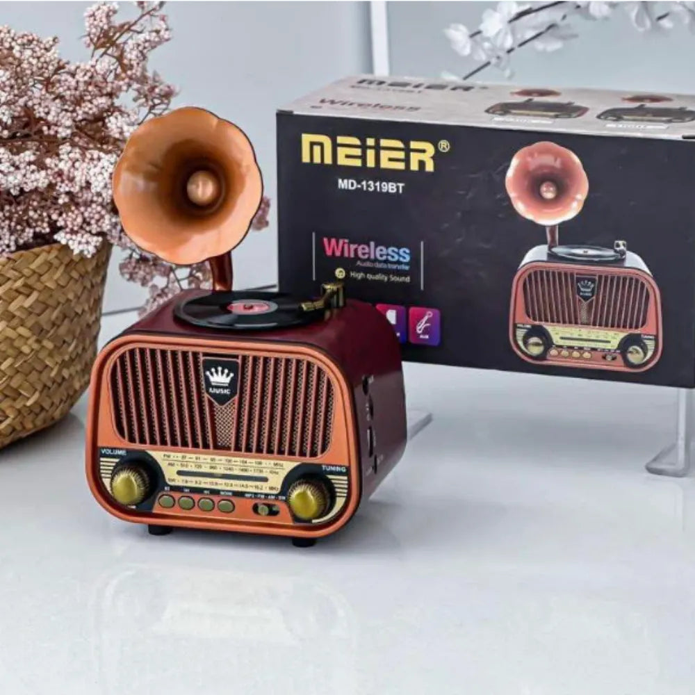 Portable AM/FM 1319 Meier radio features Bluetooth connectivity, charging capabilities, TF card support, AUX and USB inputs, and functions as an MP3 player. Model: M-1319BT