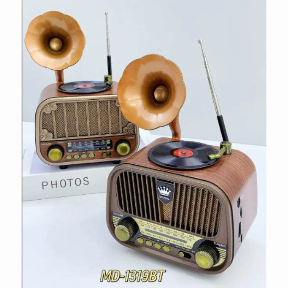 Portable AM/FM 1319 Meier radio features Bluetooth connectivity, charging capabilities, TF card support, AUX and USB inputs, and functions as an MP3 player. Model: M-1319BT